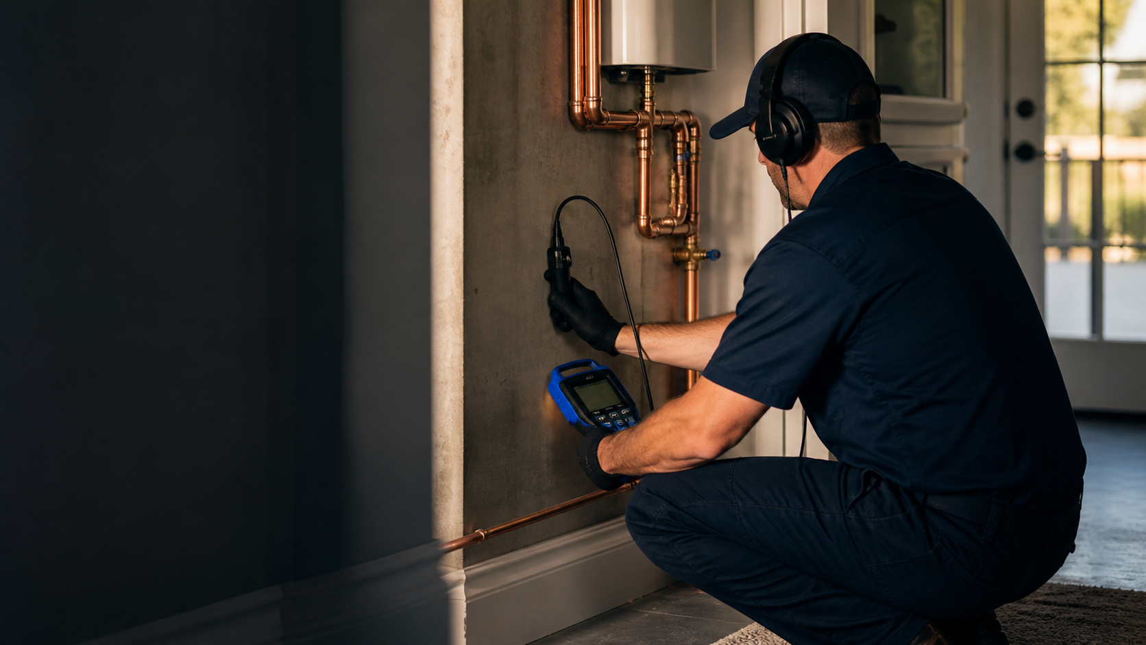 Origin plumbing professional inspecting a home plumbing system