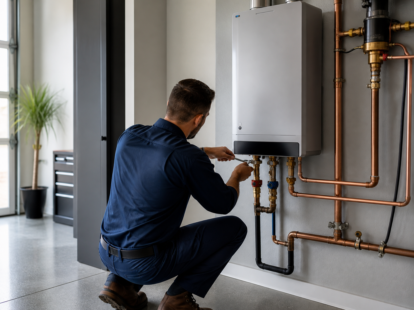 Technician servicing a modern water heater and copper piping